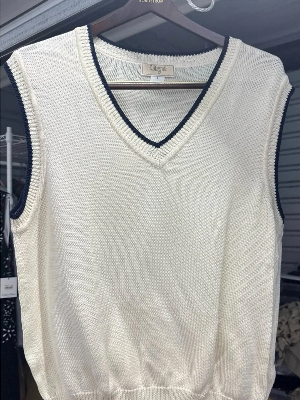 E. Megrath Cream V-Neck Knit Sweater Vest with Navy Trim
